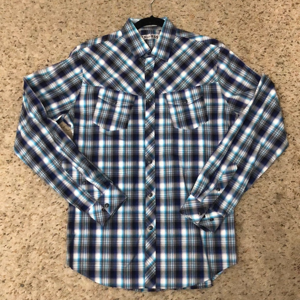 Mens M Express Fitted Cowboy Plaid Button Shirt